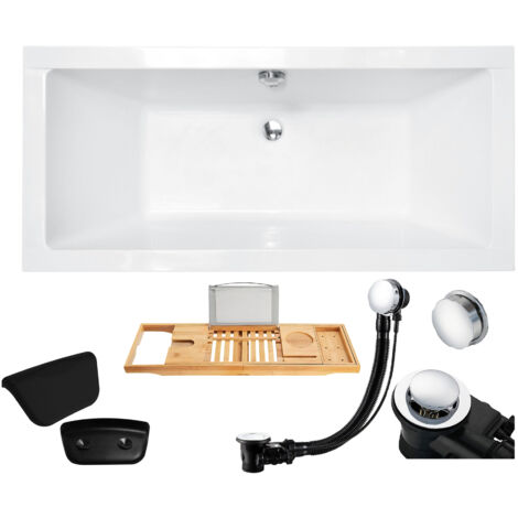 Badewanne Rechteck 155x70 + Kopfstütze + Bambus Ablage, Ablauf & Füße GRATIS - Komplettset 5in1 Original Acryl Wanne - BADLAND QUADRO