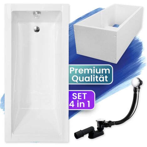 Badewanne Rechteck 160x70 mit Wannenträger, Ablaufgarnitur & Füßen GRATIS - Komplettset 4in1 Original Acryl Wanne Siphon - BADLAND MODERN