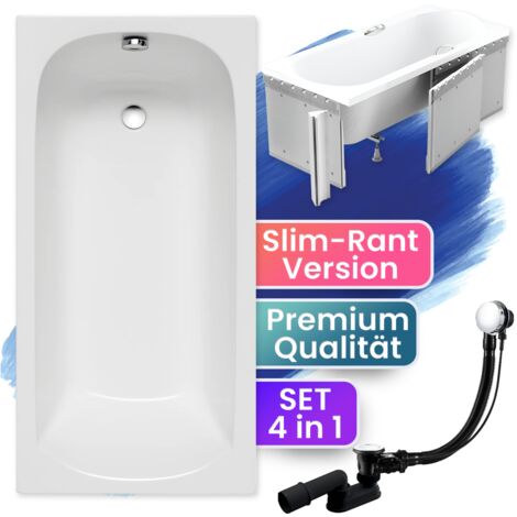 Badewanne Rechteck 170x70 mit Styroporverkleidung, Ablauf & Füße GRATIS - Komplettset 4in1 Original Acryl Wanne Siphon - BADLAND CLASSIC SLIM