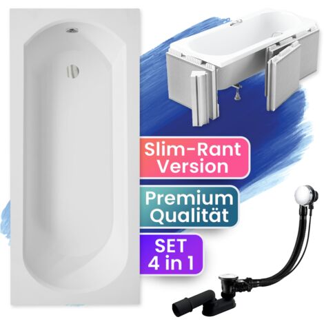 Badewanne Rechteck 150x75 mit Styroporverkleidung (Ablage 4cm), Ablauf & Füße GRATIS - Komplettset 4in1 Original Acryl Wanne - BADLAND INTRICA SLIM