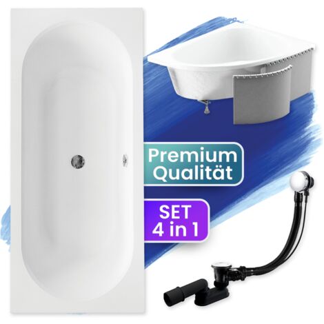 Badewanne Rechteck 170x75 mit Styroporverkleidung, Ablaufgarnitur & Füßen GRATIS - Komplettset 4in1 Original Acryl Wanne Siphon - BADLAND VITAE