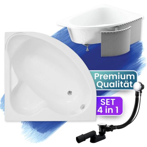 Badewanne Eckbadewanne 120x120 mit Styroporverkleidung, Ablauf & Füße GRATIS - Komplettset 4in1 Original Acryl Wanne Siphon - BADLAND STANDARD