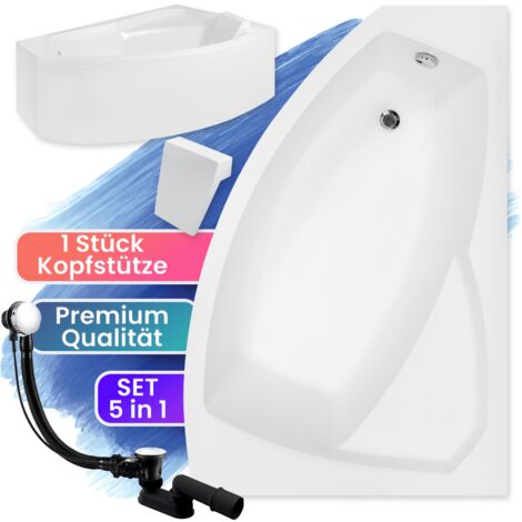 Badewanne Eckbadewanne 130x85 Rechts mit AcrylSchürze + Kopfstütze, Ablaufgarnitur & Füßen GRATIS - Komplettset 5in1 - Made in EU - BADLAND RIMA