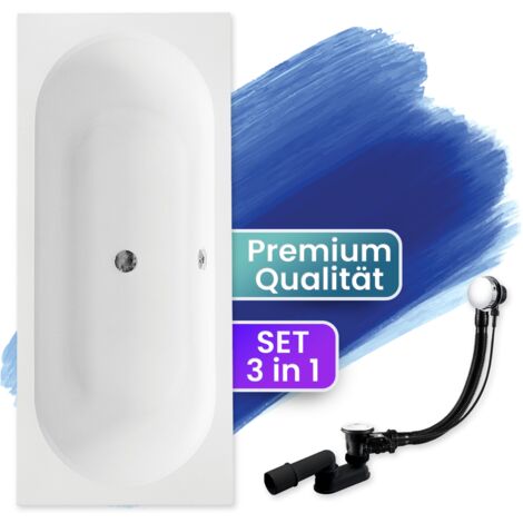Badewanne Rechteck 170x75, Ablaufgarnitur & Füßen GRATIS - Komplettset 3in1 Original Acryl Wanne Premium Siphon - Made in EU - BADLAND VITAE