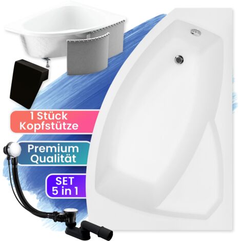 Badewanne Eckbadewanne 170x110 Rechts mit Styropor + Kopfstütze, Ablaufgarnitur & Füßen GRATIS - Komplettset 5in1 - Made in EU - BADLAND RIMA