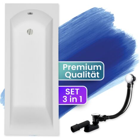 Badewanne Rechteck 180x80, Ablaufgarnitur & Füßen GRATIS - Komplettset 3in1 Original Acryl Wanne Premium Siphon - Made in EU - BADLAND SHEA