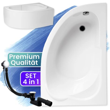 Badewanne Eckbadewanne 130x85 Rechts mit AcrylSchürze, Ablaufgarnitur & Füßen GRATIS - Komplettset 4in1 Original Acryl Wanne Siphon - BADLAND STANDARD