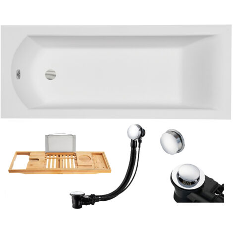 Badewanne Rechteck 160x70 + Bambus Ablage, Ablaufgarnitur & Füßen GRATIS - Komplettset 4in1 Original Acryl Wanne Premium Siphon - BADLAND SHEA