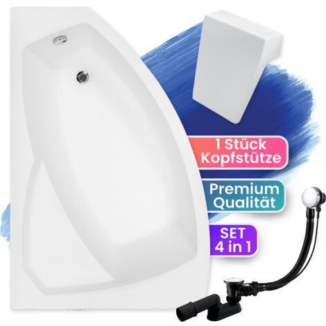 Badewanne Eckbadewanne 170x110 Links + Kopfstütze, Ablaufgarnitur & Füßen GRATIS - Komplettset 4in1 Acryl Wanne Siphon - Made in EU - BADLAND RIMA