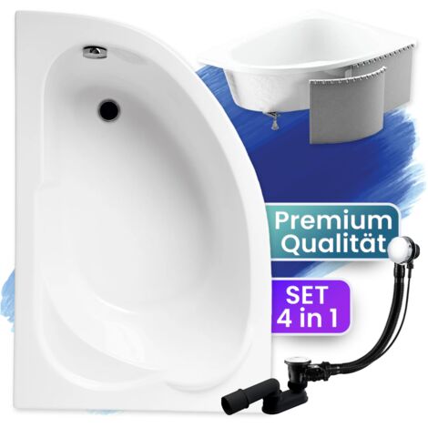 Badewanne Eckbadewanne 130x85 Links mit Styroporverkleidung, Ablauf & Füße GRATIS - Komplettset 4in1 Original Acryl Wanne Siphon - BADLAND STANDARD (1/5)