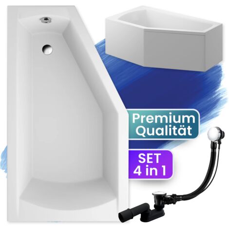 Badewanne Eckbadewanne 160x90 Links mit AcrylSchürze, Ablaufgarnitur & Füßen GRATIS - Komplettset 4in1 Original Acryl Wanne Siphon - BADLAND SELENA