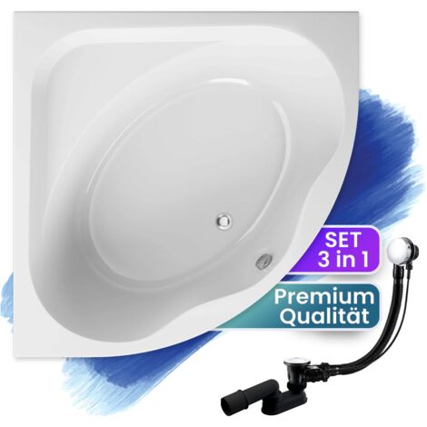 Badewanne Eckbadewanne 150x150, Ablaufgarnitur & Füßen GRATIS - Komplettset 3in1 Original Acryl Wanne Premium Siphon - Made in EU - BADLAND STANDARD