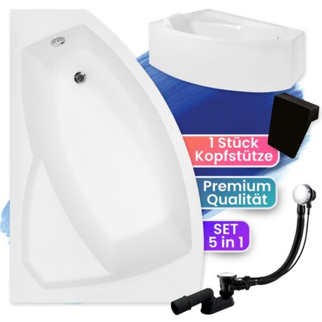 Badewanne Eckbadewanne 130x85 Links mit AcrylSchürze + Kopfstütze, Ablaufgarnitur & Füßen GRATIS - Komplettset 5in1 - Made in EU - BADLAND RIMA
