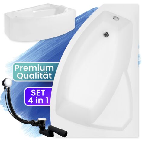 Badewanne Eckbadewanne 150x95 Rechts mit AcrylSchürze, Ablaufgarnitur & Füßen GRATIS - Komplettset 4in1 Original Acryl Wanne Siphon - BADLAND RIMA