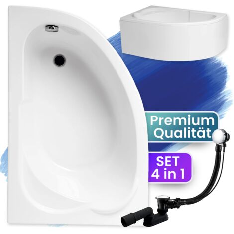 Badewanne Eckbadewanne 130x85 Links mit AcrylSchürze, Ablaufgarnitur & Füßen GRATIS - Komplettset 4in1 Original Acryl Wanne Siphon - BADLAND STANDARD
