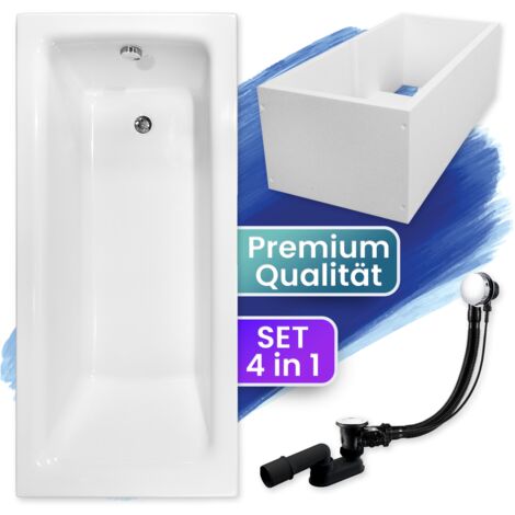 Badewanne Rechteck 160x75 mit Wannenträger, Ablaufgarnitur & Füßen GRATIS - Komplettset 4in1 Original Acryl Wanne Siphon - BADLAND TALIA