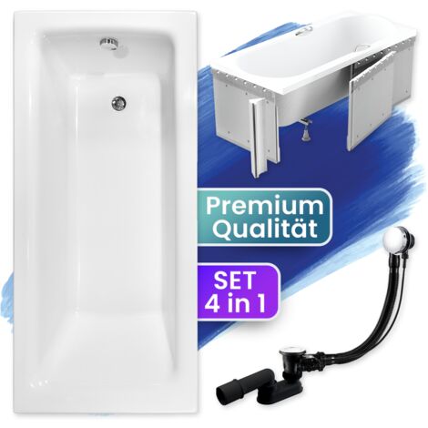 Badewanne Rechteck 160x75  mit Styroporverkleidung, Ablaufgarnitur & Füßen GRATIS - Komplettset 4in1 Original Acryl Wanne Siphon - BADLAND TALIA