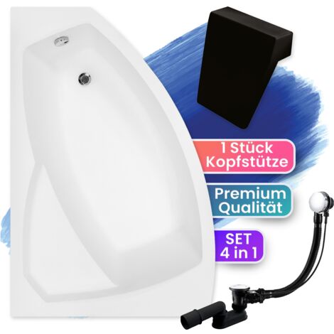 Badewanne Eckbadewanne 130x85 Links + Kopfstütze, Ablaufgarnitur & Füßen GRATIS - Komplettset 4in1 Acryl Wanne Siphon - Made in EU - BADLAND RIMA