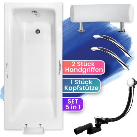 Badewanne Rechteck 160x75 + Handgriffen + Kopfstütze, Ablauf & Füße GRATIS - Komplettset 5in1 Original Acryl Wanne - BADLAND TALIA PREMIUM