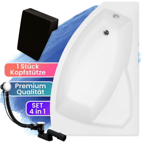 Badewanne Eckbadewanne 130x85 Rechts + Kopfstütze, Ablaufgarnitur & Füßen GRATIS - Komplettset 4in1 Acryl Wanne Siphon - Made in EU - BADLAND RIMA