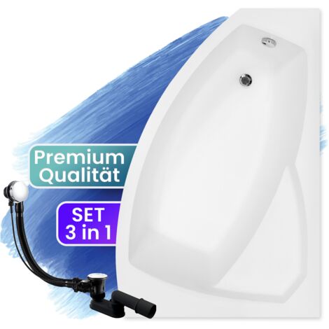 Badewanne Eckbadewanne 130x85 Rechts, Ablaufgarnitur & Füßen GRATIS - Komplettset 3in1 Original Acryl Wanne Premium Siphon - Made in EU - BADLAND RIMA