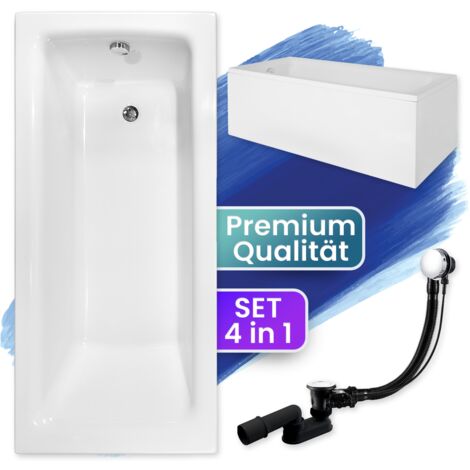 Badewanne Rechteck 110x70 mit AcrylSchürze, Ablaufgarnitur & Füßen GRATIS - Komplettset 4in1 Original Acryl Wanne Siphon - BADLAND TALIA