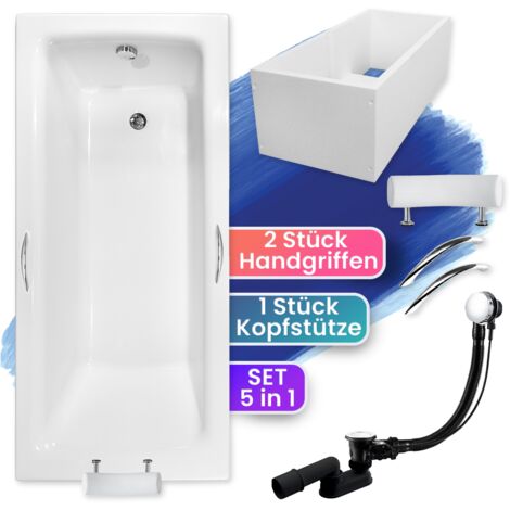 Badewanne Rechteck 160x75 mit Wannenträger + Handgriffen + Kopfstütze, Ablauf & Füße GRATIS - Komplettset 6in1 Acryl Wanne - BADLAND TALIA PREMIUM