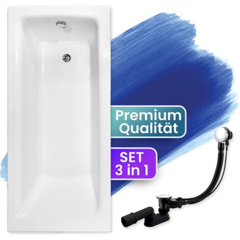Badewanne Rechteck 160x75, Ablaufgarnitur & Füßen GRATIS - Komplettset 3in1 Original Acryl Wanne Premium Siphon - Made in EU - BADLAND TALIA