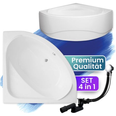 Badewanne Eckbadewanne 140x140 mit AcrylSchürze, Ablaufgarnitur & Füßen GRATIS - Komplettset 4in1 Original Acryl Wanne Siphon - BADLAND STANDARD