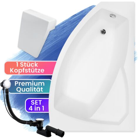 Badewanne Eckbadewanne 130x85 Rechts + Kopfstütze, Ablaufgarnitur & Füßen GRATIS - Komplettset 4in1 Acryl Wanne Siphon - Made in EU - BADLAND RIMA