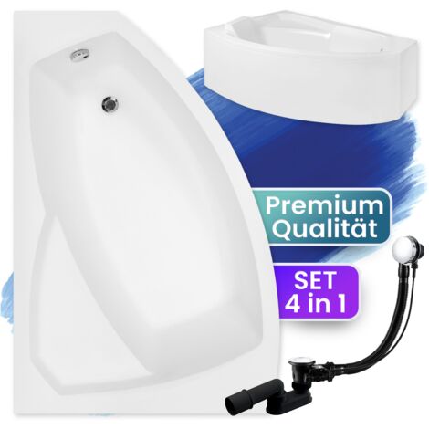 Badewanne Eckbadewanne 170x110 Links mit AcrylSchürze, Ablaufgarnitur & Füßen GRATIS - Komplettset 4in1 Original Acryl Wanne Siphon - BADLAND RIMA