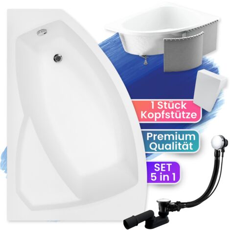 Badewanne Eckbadewanne 130x85 Links mit Styroporverkleidung + Kopfstütze, Ablaufgarnitur & Füßen GRATIS - Komplettset 5in1 - Made in EU - BADLAND RIMA