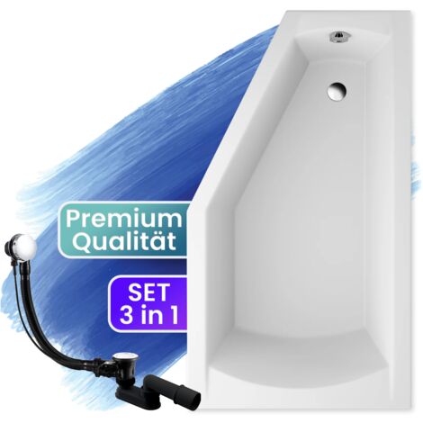 Badewanne Eckbadewanne 160x90 Rechts, Ablaufgarnitur & Füßen GRATIS - Komplettset 3in1 Original Acryl Wanne Premium Siphon - BADLAND SELENA