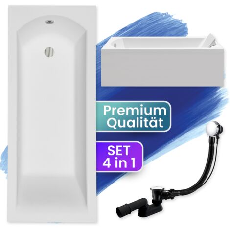 Badewanne Rechteck 180x80 mit AcrylSchürze, Ablaufgarnitur & Füßen GRATIS - Komplettset 4in1 Original Acryl Wanne Siphon - BADLAND SHEA