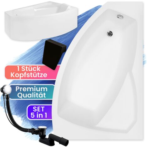 Badewanne Eckbadewanne 170x110 Rechts mit AcrylSchürze + Kopfstütze, Ablaufgarnitur & Füßen GRATIS - Komplettset 5in1 - Made in EU - BADLAND RIMA