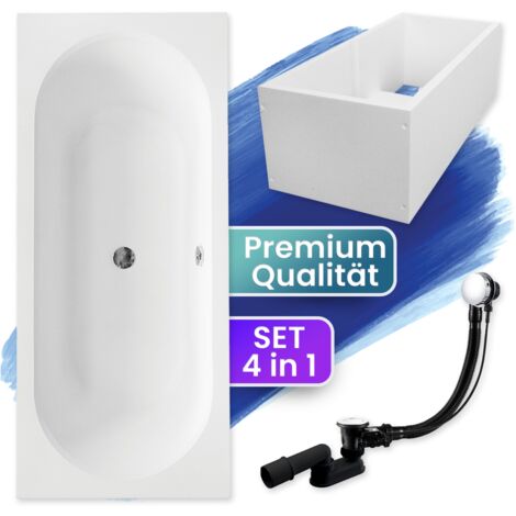 Badewanne Rechteck 170x75  mit Wannenträger, Ablaufgarnitur & Füßen GRATIS - Komplettset 4in1 Original Acryl Wanne Siphon - BADLAND VITAE