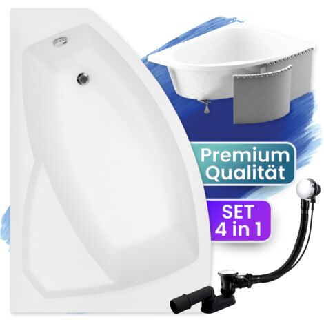 Badewanne Eckbadewanne 130x85 Links mit Styroporverkleidung, Ablauf & Füße GRATIS - Komplettset 4in1 Original Acryl Wanne Siphon - BADLAND RIMA