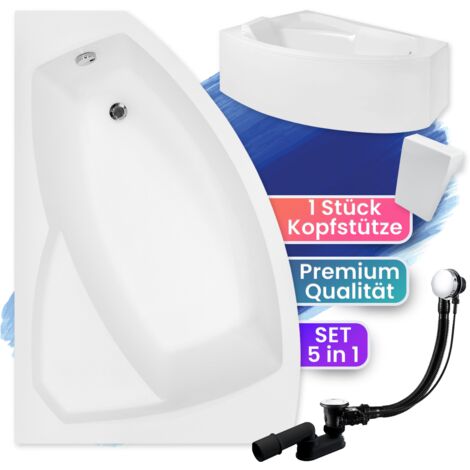 Badewanne Eckbadewanne 130x85 Links mit AcrylSchürze + Kopfstütze, Ablaufgarnitur & Füßen GRATIS - Komplettset 5in1 - Made in EU - BADLAND RIMA