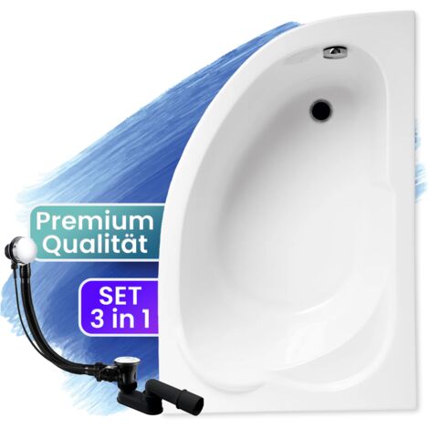 Badewanne Eckbadewanne 130x85 Rechts, Ablaufgarnitur & Füßen GRATIS - Komplettset 3in1 Original Acryl Wanne Premium Siphon - BADLAND STANDARD