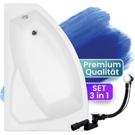 Badewanne Eckbadewanne 170x110 Links, Ablaufgarnitur & Füßen GRATIS - Komplettset 3in1 Original Acryl Wanne Premium Siphon - Made in EU - BADLAND RIMA