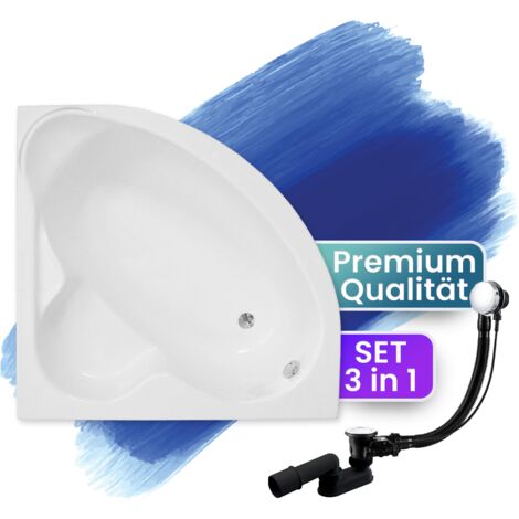Badewanne Eckbadewanne 120x120, Ablaufgarnitur & Füßen GRATIS - Komplettset 3in1 Original Acryl Wanne Premium Siphon - Made in EU - BADLAND STANDARD