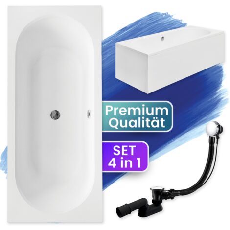 Badewanne Rechteck 170x75 mit AcrylSchürze, Ablaufgarnitur & Füßen GRATIS - Komplettset 4in1 Original Acryl Wanne Siphon - BADLAND VITAE