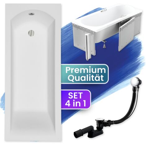 Badewanne Rechteck 160x70 mit Styroporverkleidung, Ablaufgarnitur & Füßen GRATIS - Komplettset 4in1 Original Acryl Wanne Siphon - BADLAND SHEA
