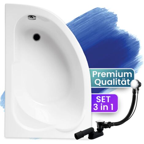 Badewanne Eckbadewanne 130x85 Links, Ablaufgarnitur & Füßen GRATIS - Komplettset 3in1 Original Acryl Wanne Premium Siphon - BADLAND STANDARD