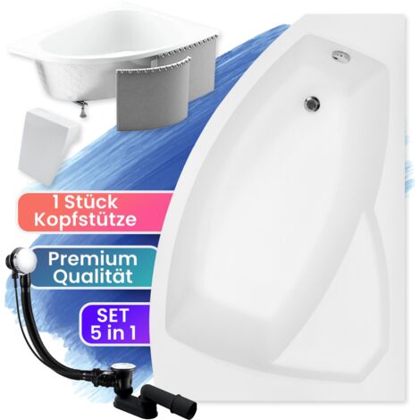 Badewanne Eckbadewanne 150x95 Rechts mit Styropor + Kopfstütze, Ablaufgarnitur & Füßen GRATIS - Komplettset 5in1 - Made in EU - BADLAND RIMA