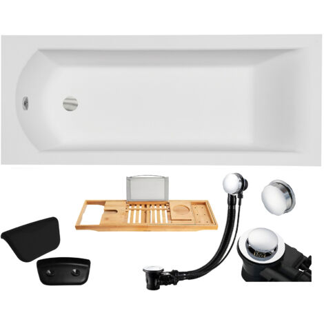 Badewanne Rechteck 160x70 + Kopfstütze + Bambus Ablage, Ablauf & Füße GRATIS - Komplettset 5in1 Original Acryl Wanne - BADLAND SHEA