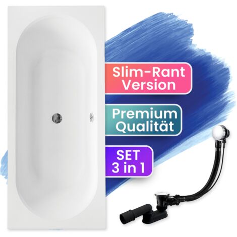 Badewanne Rechteck 150x75, Ablaufgarnitur & Füßen GRATIS - Komplettset 3in1 Original Acryl Wanne Premium Siphon - Made in EU - BADLAND VITAE SLIM