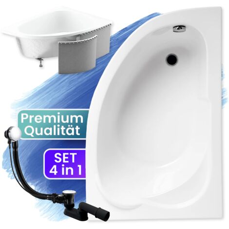 Badewanne Eckbadewanne 130x85 Rechts mit Styroporverkleidung, Ablauf & Füße GRATIS - Komplettset 4in1 Original Acryl Wanne Siphon - BADLAND STANDARD