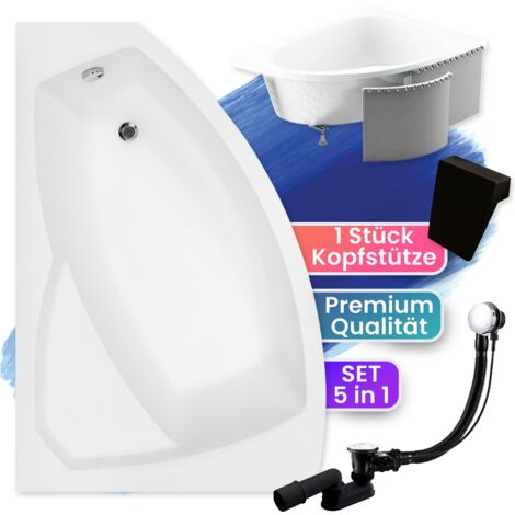 Badewanne Eckbadewanne 130x85 Links mit Styroporverkleidung + Kopfstütze, Ablaufgarnitur & Füßen GRATIS - Komplettset 5in1 - Made in EU - BADLAND RIMA