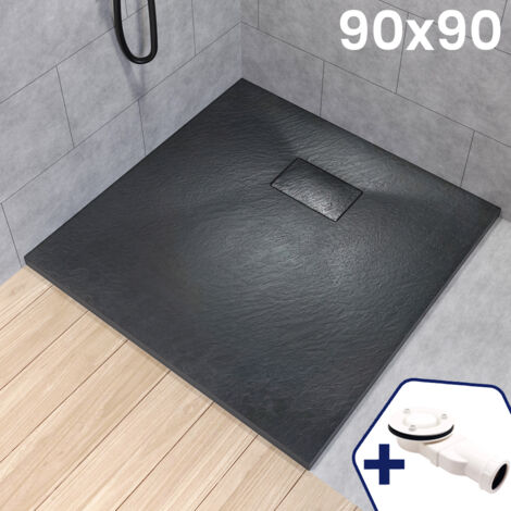 BADLAND Duschwanne 90x90x3,2 VIDAR Schwarz Verbundwerkstoff Duschtasse Quadratisch, Steinoptik, mit Ablaufgarnitur Ø 90 mm (1/5)